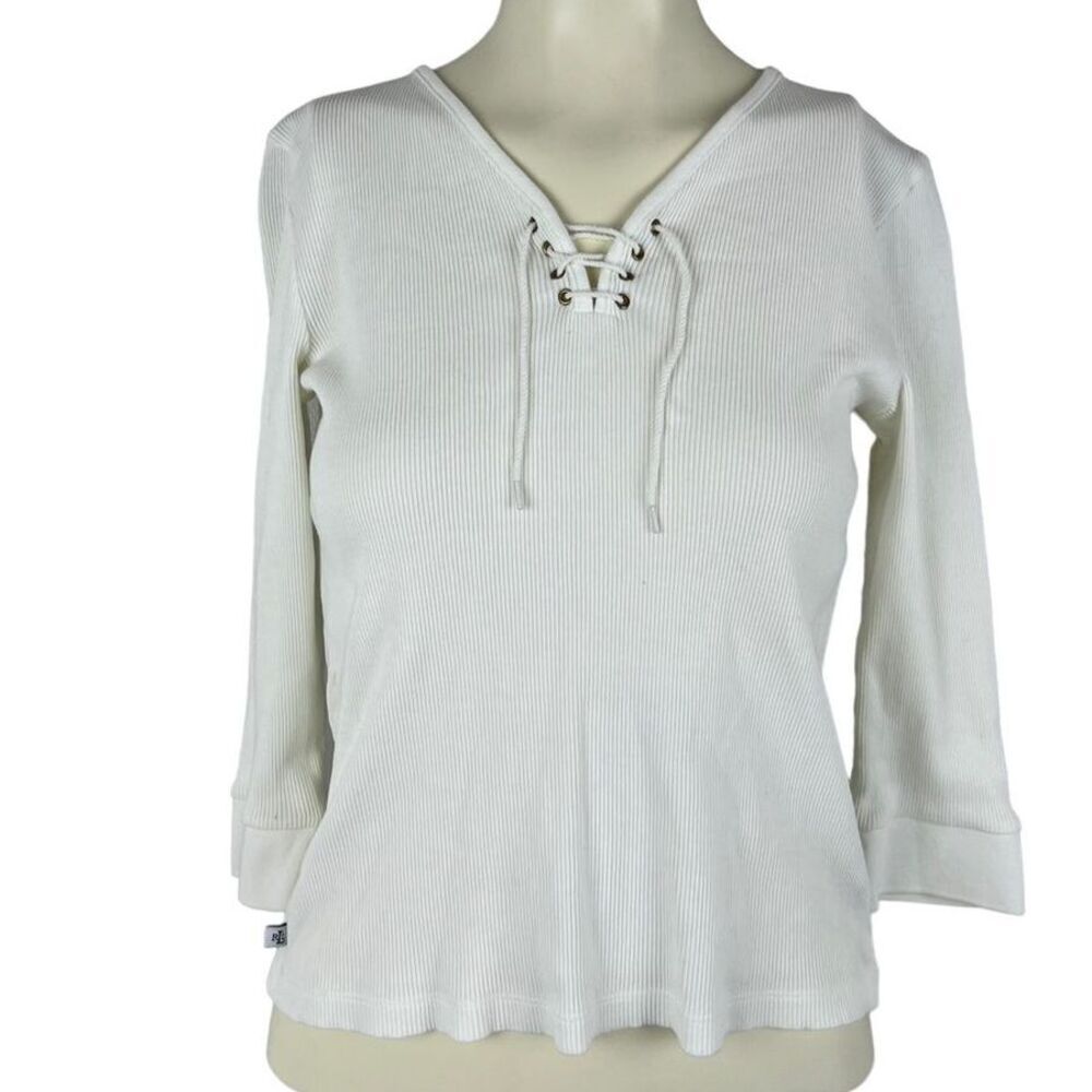 Ralph Lauren Womens Cotton V-Neck Tie Long Sleeve Blouse Top White Size Small